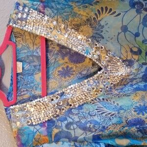 Sahiba Sheer Blue Floral Jewel Accent V-Neck Beach Tunic Dress Cover-up 30-36